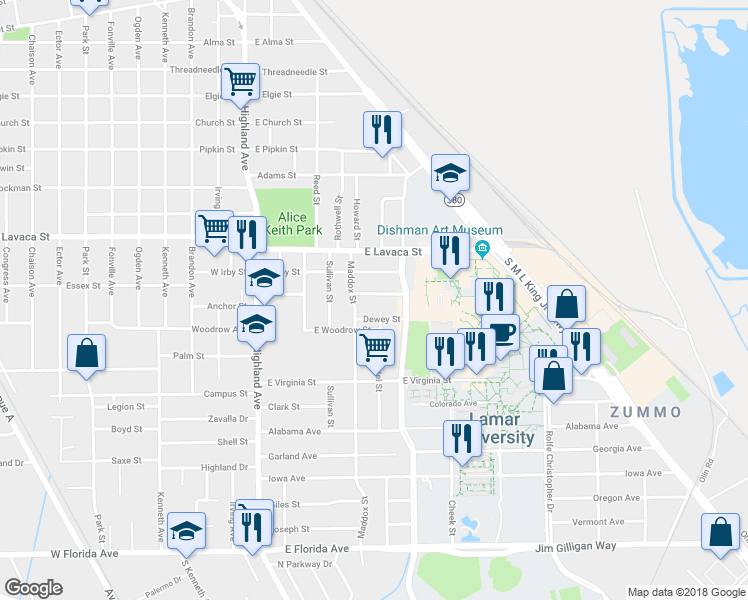 map of restaurants, bars, coffee shops, grocery stores, and more near 680 East Caston Street in Beaumont