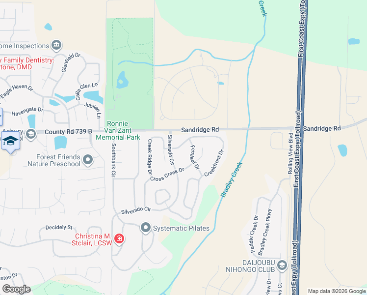 map of restaurants, bars, coffee shops, grocery stores, and more near 2322 Creekfront Drive in Green Cove Springs