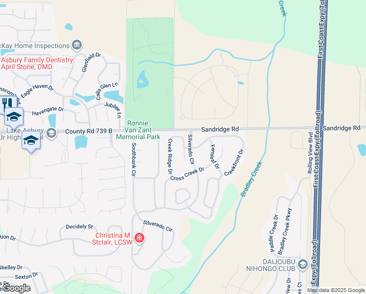 map of restaurants, bars, coffee shops, grocery stores, and more near 2643 Creek Ridge Drive in Green Cove Springs