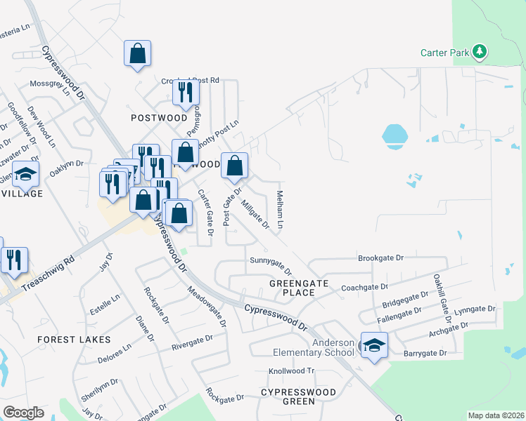 map of restaurants, bars, coffee shops, grocery stores, and more near 22719 Hawkwood Drive in Spring
