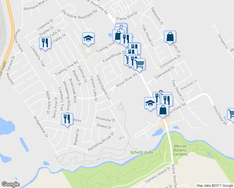 map of restaurants, bars, coffee shops, grocery stores, and more near 23106 Lone Wolf Trail in Spring