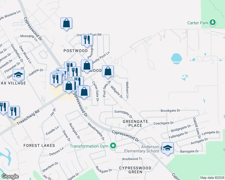 map of restaurants, bars, coffee shops, grocery stores, and more near 22842 Thadd's Trail in Spring