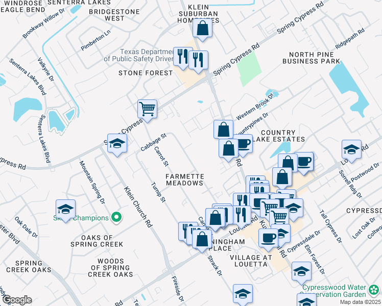 map of restaurants, bars, coffee shops, grocery stores, and more near 18812 Tomato Street in Spring