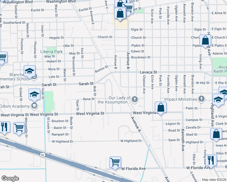 map of restaurants, bars, coffee shops, grocery stores, and more near 4325 Flamingo Lane in Beaumont