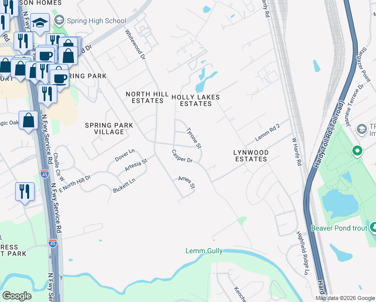 map of restaurants, bars, coffee shops, grocery stores, and more near 19011 Lockridge Drive in Spring