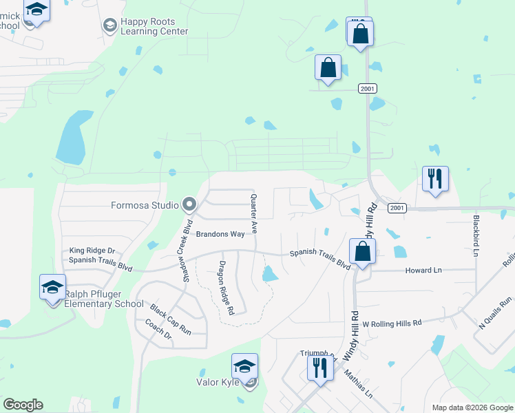 map of restaurants, bars, coffee shops, grocery stores, and more near 327 Quarter Avenue in Buda