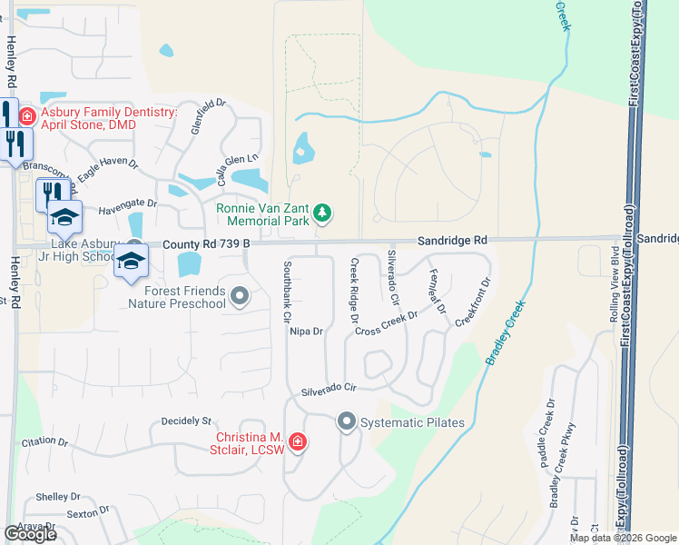 map of restaurants, bars, coffee shops, grocery stores, and more near 3780 Southbank Circle in Green Cove Springs