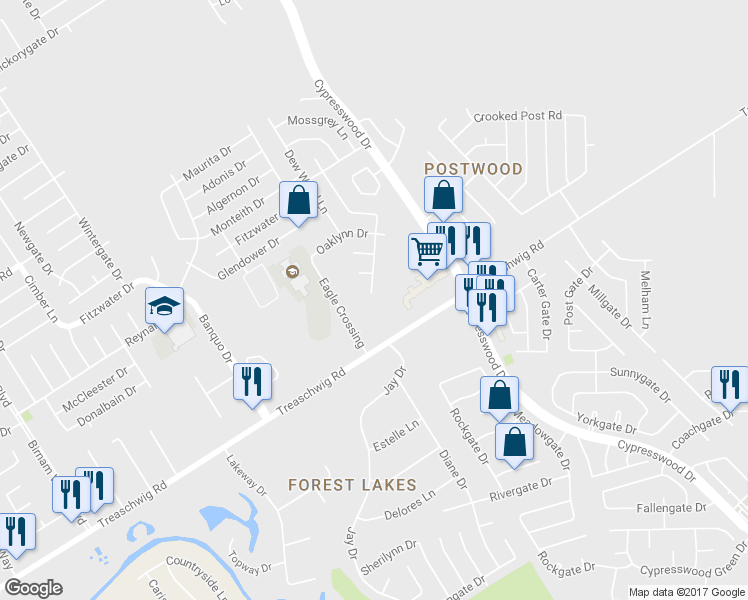 map of restaurants, bars, coffee shops, grocery stores, and more near 22902 Laketree Lane in Spring