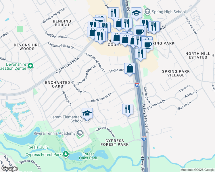 map of restaurants, bars, coffee shops, grocery stores, and more near 202 Weeping Oak Lane in Spring