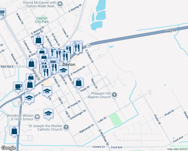 map of restaurants, bars, coffee shops, grocery stores, and more near 502 Lacour Street in Dayton