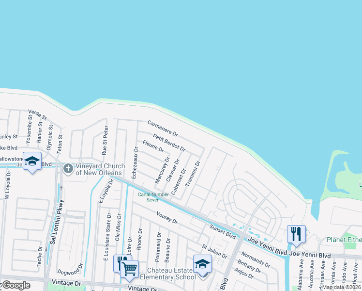 map of restaurants, bars, coffee shops, grocery stores, and more near 700 Petit Berdot Drive in Kenner