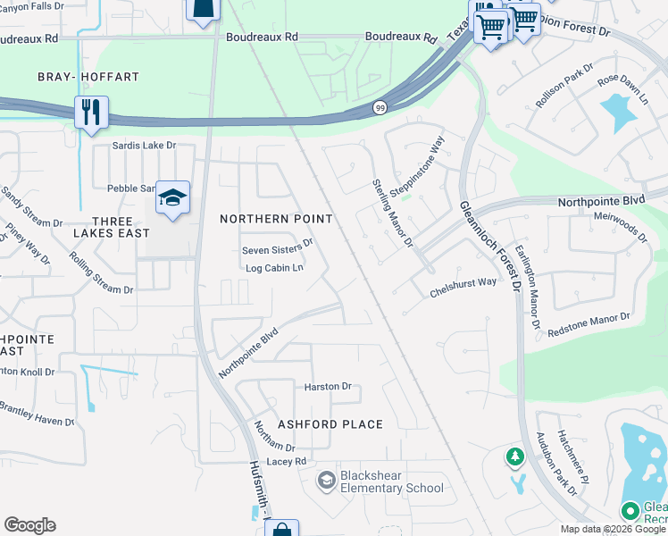 map of restaurants, bars, coffee shops, grocery stores, and more near 19402 Bold River Road in Tomball