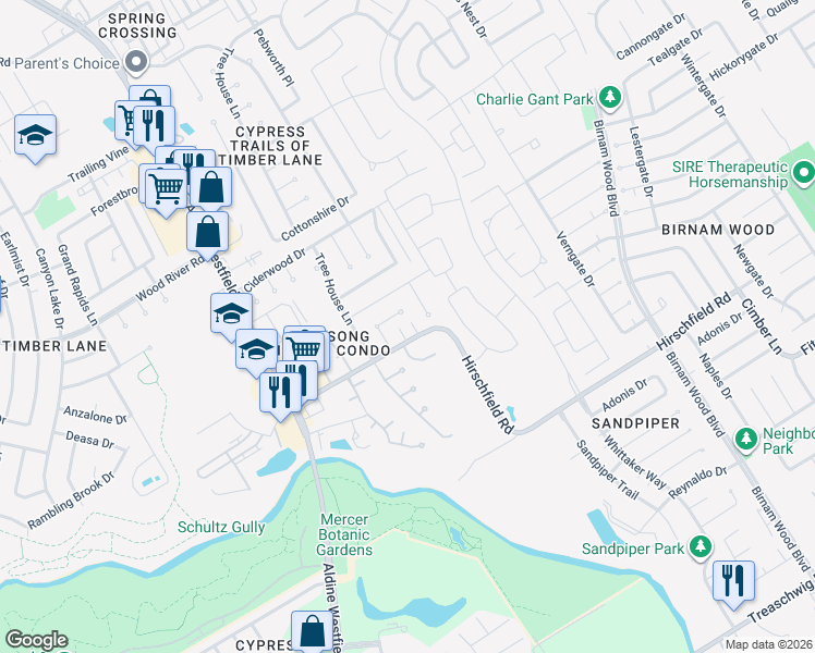 map of restaurants, bars, coffee shops, grocery stores, and more near 3217 Hirschfield Road in Spring