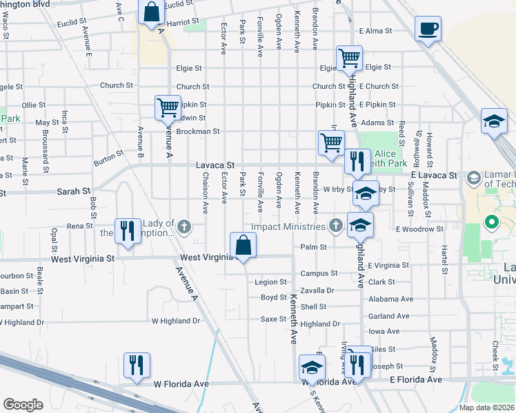 map of restaurants, bars, coffee shops, grocery stores, and more near 4330 Fonville Avenue in Beaumont