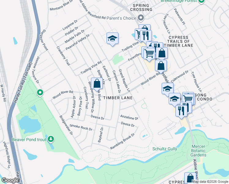 map of restaurants, bars, coffee shops, grocery stores, and more near 23207 Canyon Lake Drive in Spring