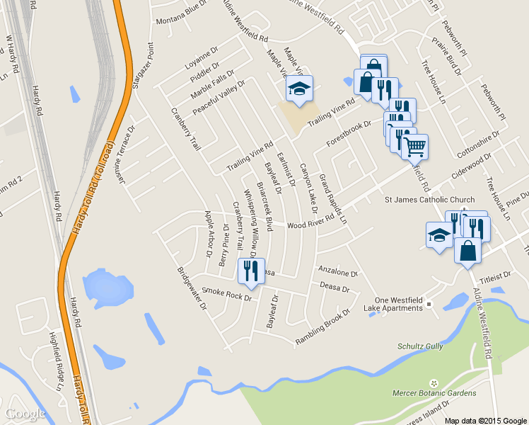 map of restaurants, bars, coffee shops, grocery stores, and more near 23211 Briarcreek Boulevard in Spring
