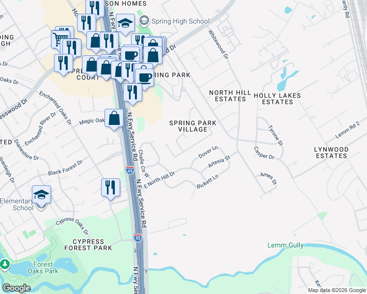 map of restaurants, bars, coffee shops, grocery stores, and more near 19106 Crystola Park in Spring