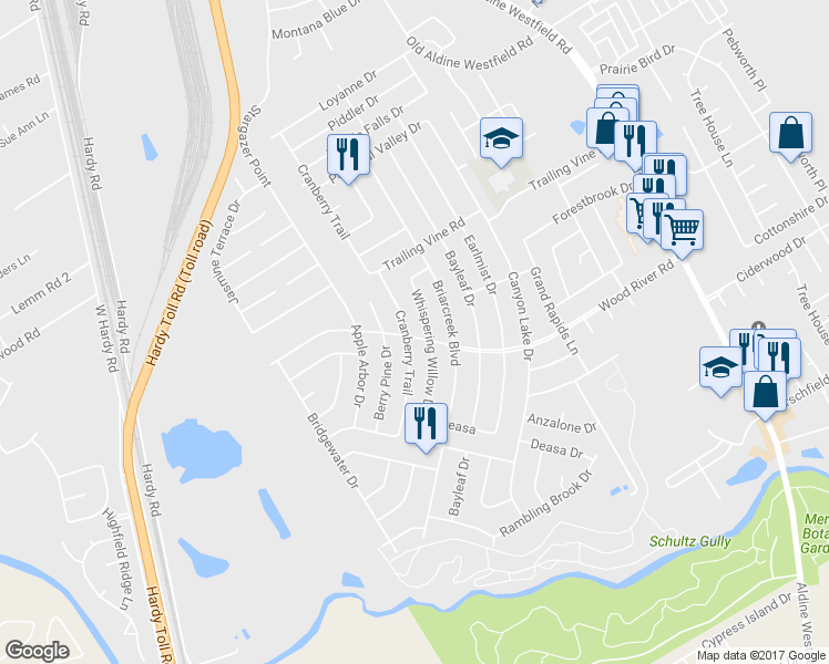map of restaurants, bars, coffee shops, grocery stores, and more near 23202 Cranberry Trail in Spring