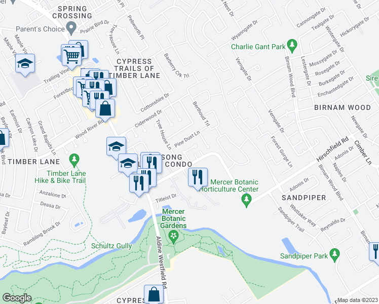 map of restaurants, bars, coffee shops, grocery stores, and more near 22710 Timber Dust Circle in Spring