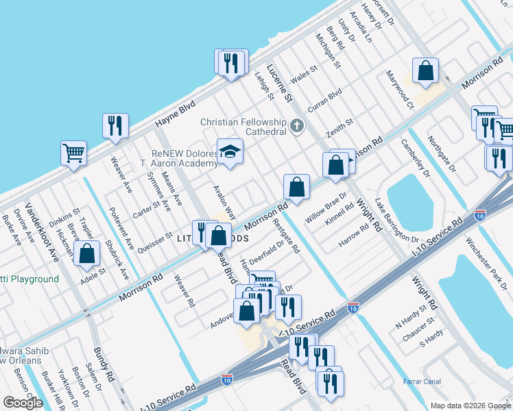 map of restaurants, bars, coffee shops, grocery stores, and more near 10410 Heritage Drive in New Orleans