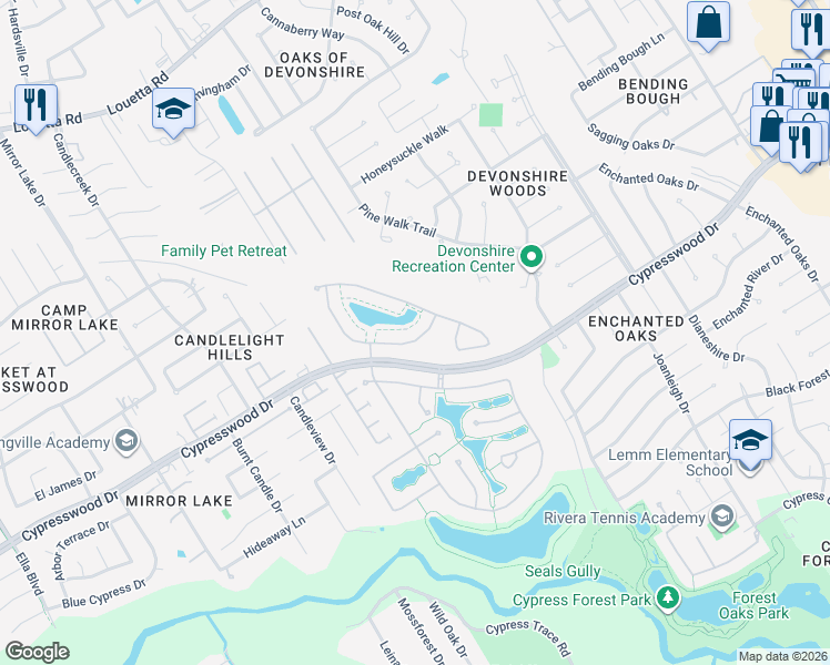 map of restaurants, bars, coffee shops, grocery stores, and more near 2522 Alan Lake Lane in Spring