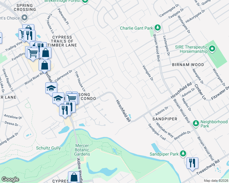map of restaurants, bars, coffee shops, grocery stores, and more near 22603 Pebworth Place in Spring