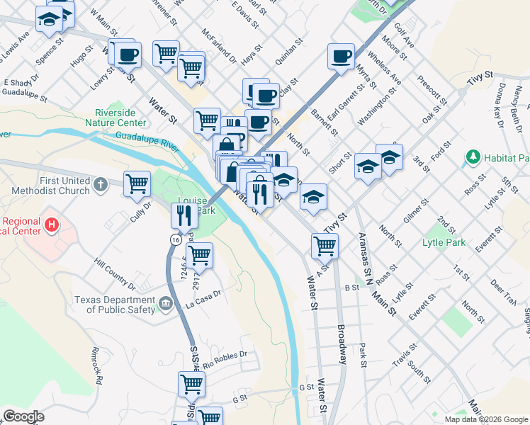 map of restaurants, bars, coffee shops, grocery stores, and more near 832 Water Street in Kerrville