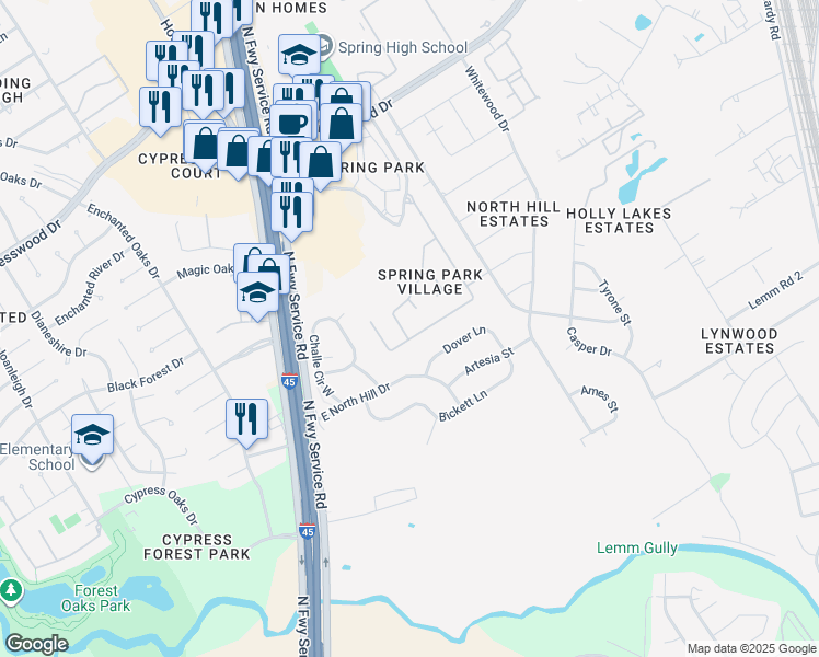 map of restaurants, bars, coffee shops, grocery stores, and more near 19106 Crystola Park in Spring