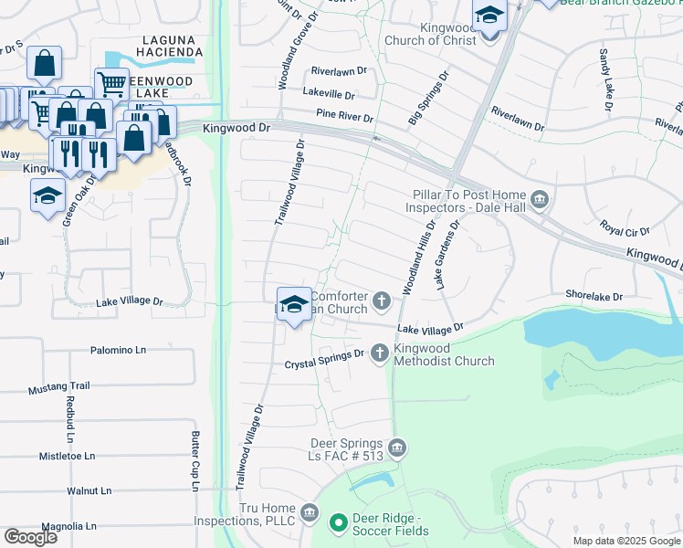 map of restaurants, bars, coffee shops, grocery stores, and more near 2103 Hickory Creek Drive in Humble