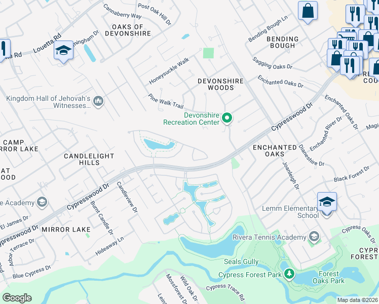 map of restaurants, bars, coffee shops, grocery stores, and more near 18915 Watt Point Lane in Spring