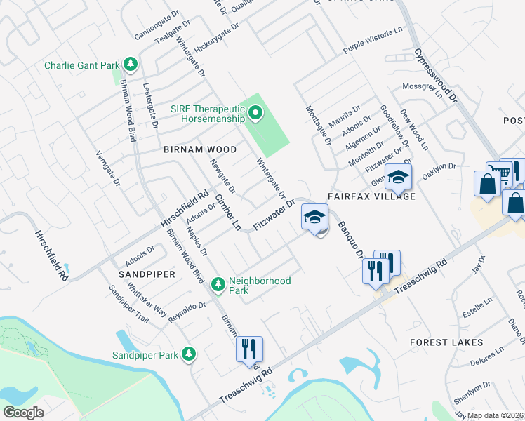 map of restaurants, bars, coffee shops, grocery stores, and more near 4526 Monteith Drive in Spring