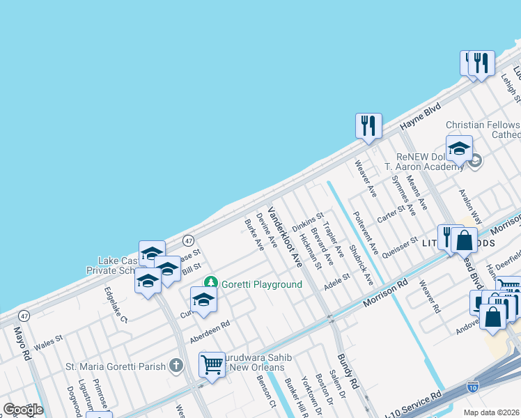 map of restaurants, bars, coffee shops, grocery stores, and more near 22 Hayne Boulevard in New Orleans