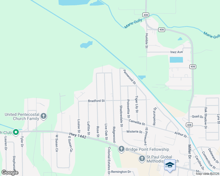 map of restaurants, bars, coffee shops, grocery stores, and more near 213 Ridgewood in Bridge City