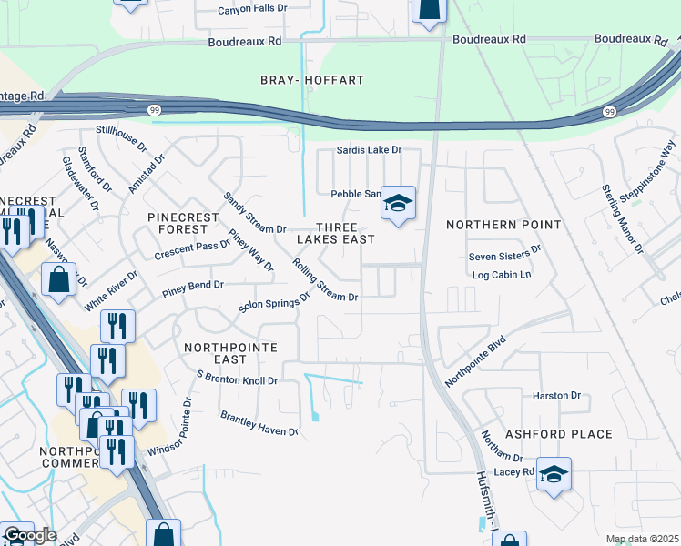 map of restaurants, bars, coffee shops, grocery stores, and more near 11802 Sunny Stream Drive in Tomball