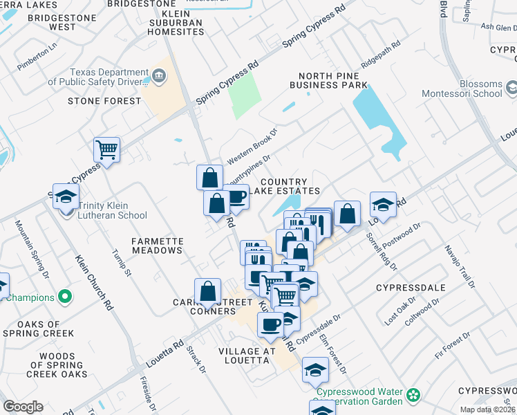 map of restaurants, bars, coffee shops, grocery stores, and more near 4634 Countrymeadows Drive in Spring