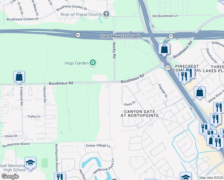 map of restaurants, bars, coffee shops, grocery stores, and more near 19006 Berry Hill Drive in Tomball