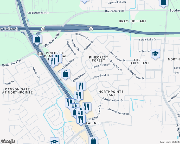 map of restaurants, bars, coffee shops, grocery stores, and more near 12130 Lucky Meadow Drive in Tomball