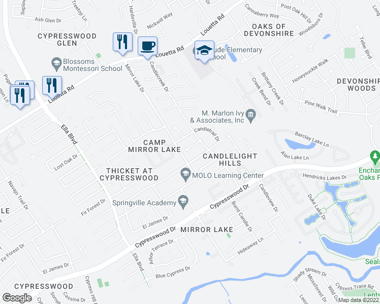 map of restaurants, bars, coffee shops, grocery stores, and more near 3419 Candlewisp Drive in Spring