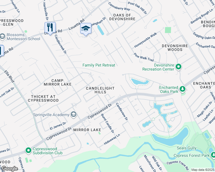 map of restaurants, bars, coffee shops, grocery stores, and more near 19002 Candleview Drive in Spring
