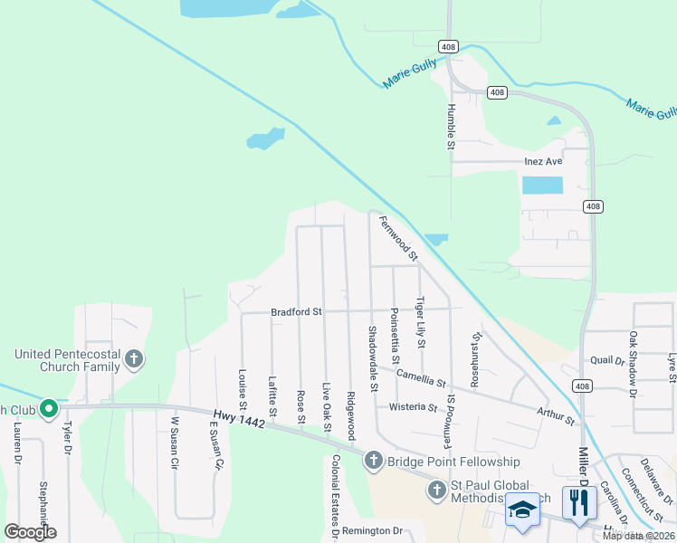 map of restaurants, bars, coffee shops, grocery stores, and more near 213 Ridgewood in Bridge City