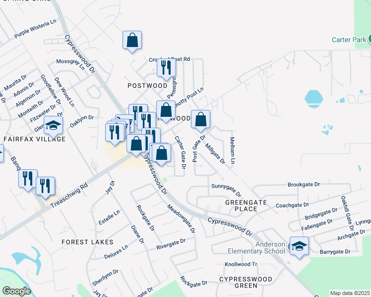 map of restaurants, bars, coffee shops, grocery stores, and more near 22818 Carter Gate Drive in Spring