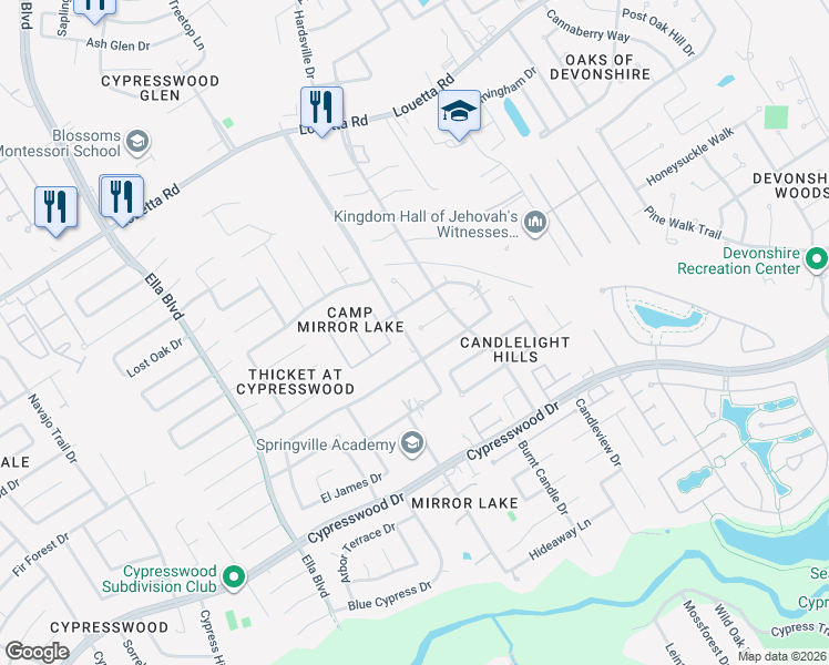 map of restaurants, bars, coffee shops, grocery stores, and more near 3419 Candlewisp Drive in Spring