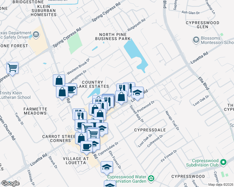 map of restaurants, bars, coffee shops, grocery stores, and more near 4506 Countryside View Court in Spring