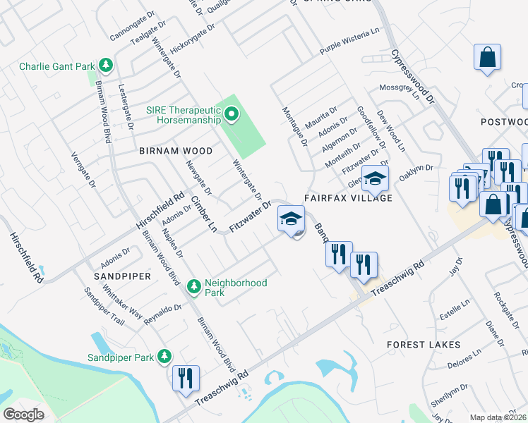 map of restaurants, bars, coffee shops, grocery stores, and more near 4618 Fitzwater Drive in Spring