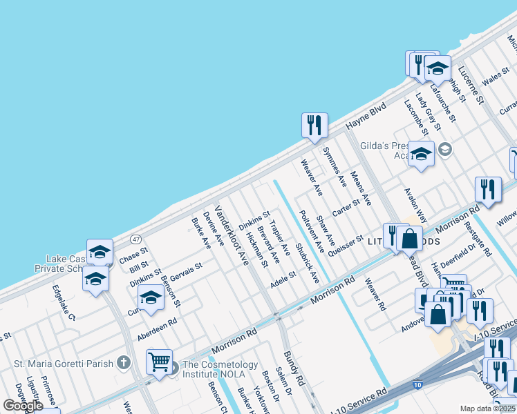 map of restaurants, bars, coffee shops, grocery stores, and more near 8000 Trapier Avenue in New Orleans