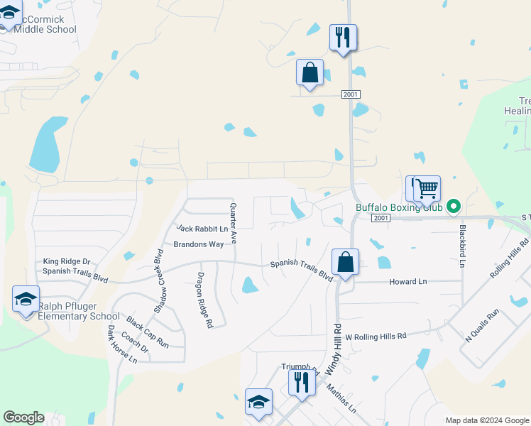 map of restaurants, bars, coffee shops, grocery stores, and more near 458 Jack Rabbit Lane in Buda