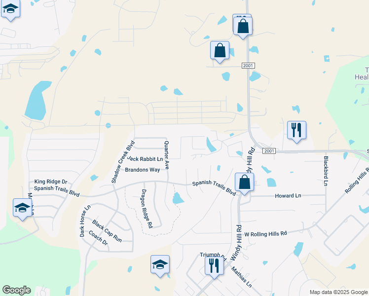 map of restaurants, bars, coffee shops, grocery stores, and more near 458 Jack Rabbit Lane in Buda