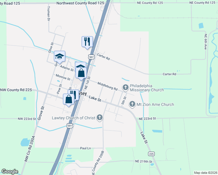 map of restaurants, bars, coffee shops, grocery stores, and more near 22627 Northeast 2nd Street in Lawtey