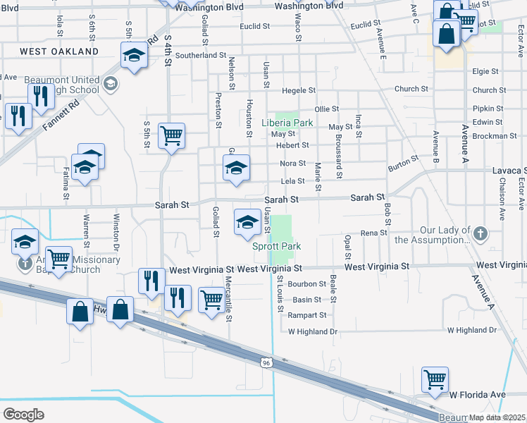 map of restaurants, bars, coffee shops, grocery stores, and more near 4250 Usan Street in Beaumont