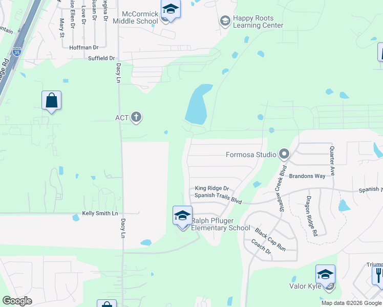 map of restaurants, bars, coffee shops, grocery stores, and more near 117 Wapiti Road in Buda